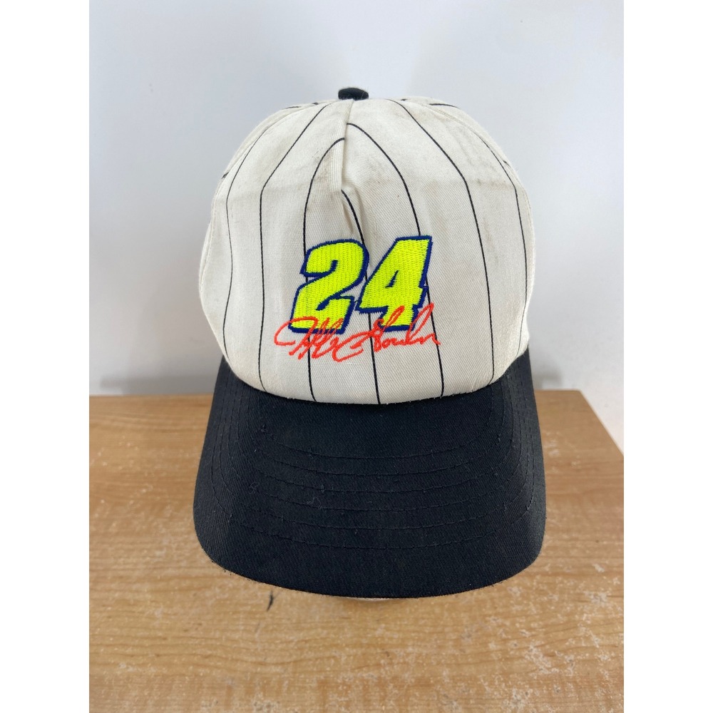 Vintage Jeff Gordon 24 NASCAR Snapback Hat White Black Pinstripe Made in USA 90s